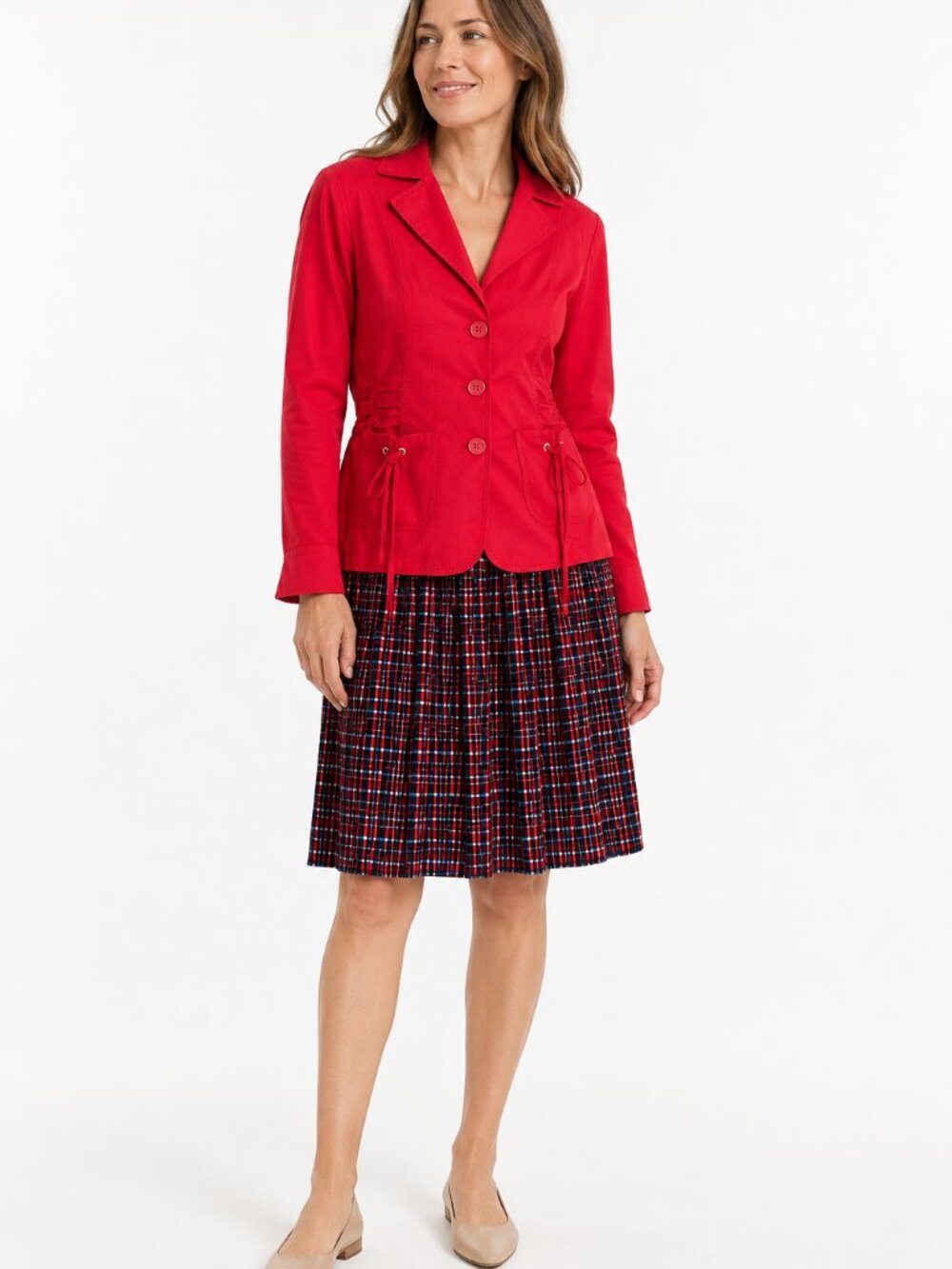 NWT & Ecru 2-Piece Set: 100% Linen Red Blazer (S) & Plaid Pleated Midi Skirt (XS